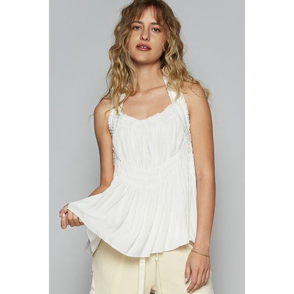 POL Backless Halter Neckline Sleeveless Smocked Shirring Detail Tank Top | White - Picture 5 of 6